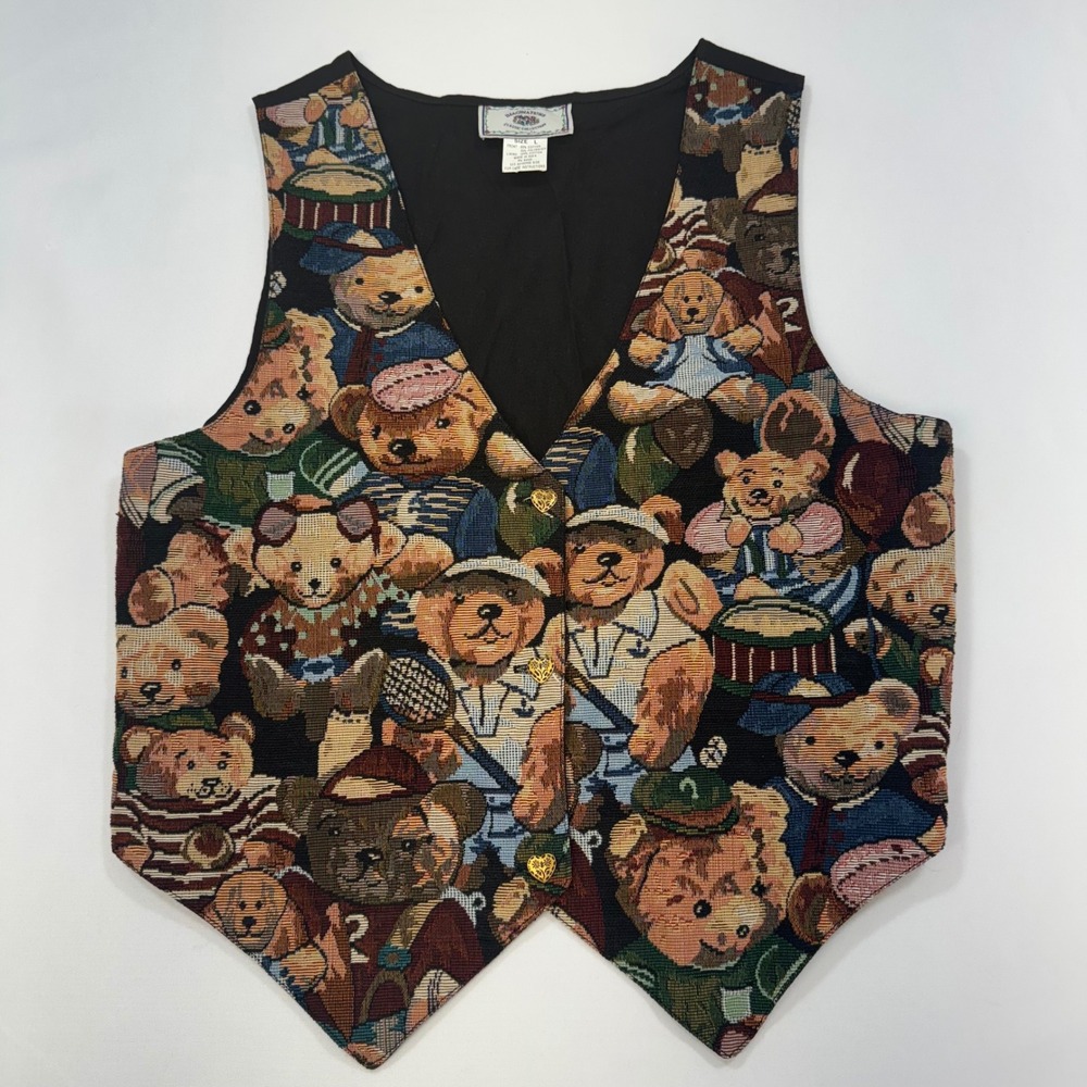 VTG 90s Imaginations Teddy Bear Tapestry Vest Ws Large Heart Buttons